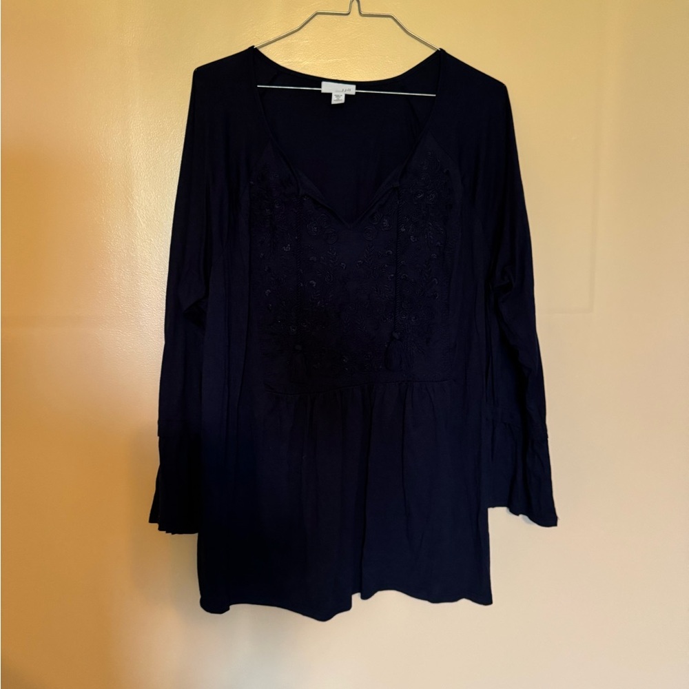 J.Jill Black Long Sleeve Blouse with Embroidered V-Neckline Women’s Size 2X